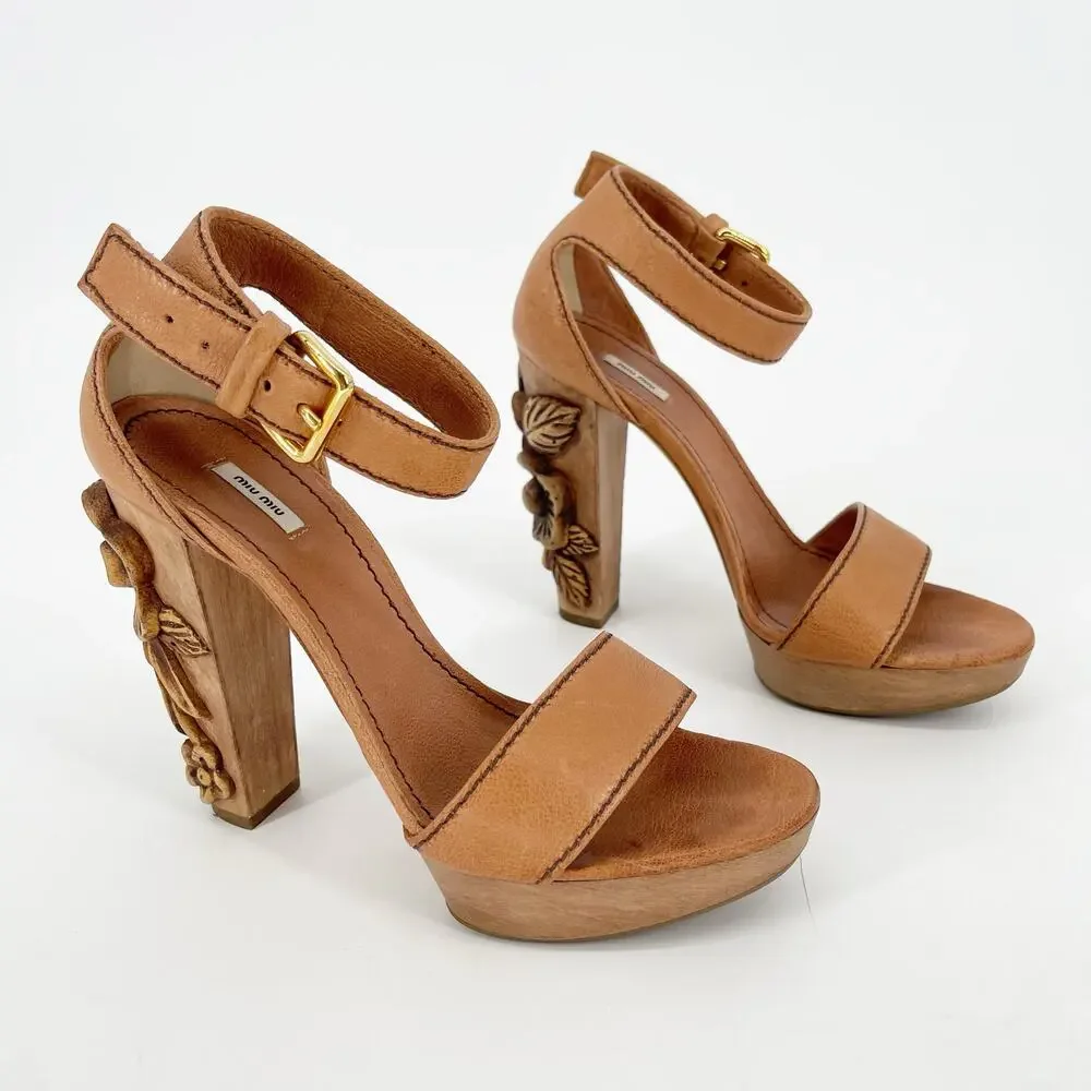 Miu Miu Vintage Camel Tan Floral Flower Carved Wood Heel Platform Sandal IT 37.5 - Picture 2 of 12